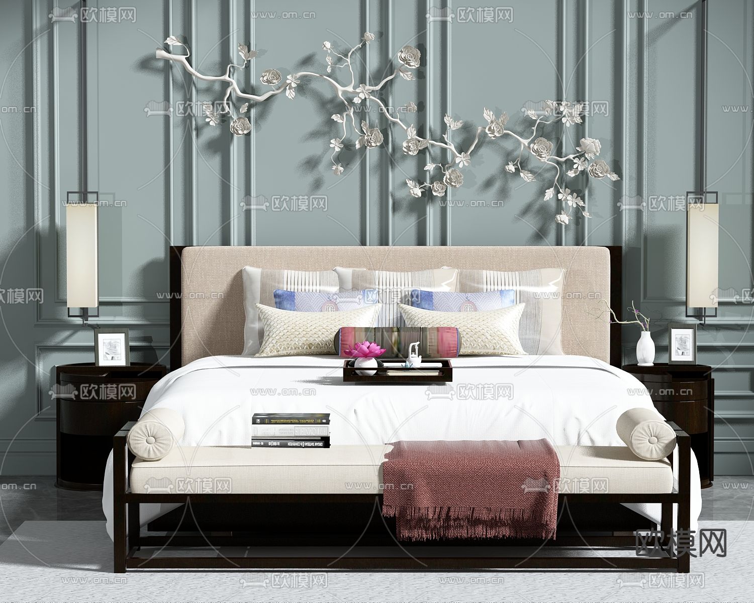 现代双人床su模型下载（渲染图1）