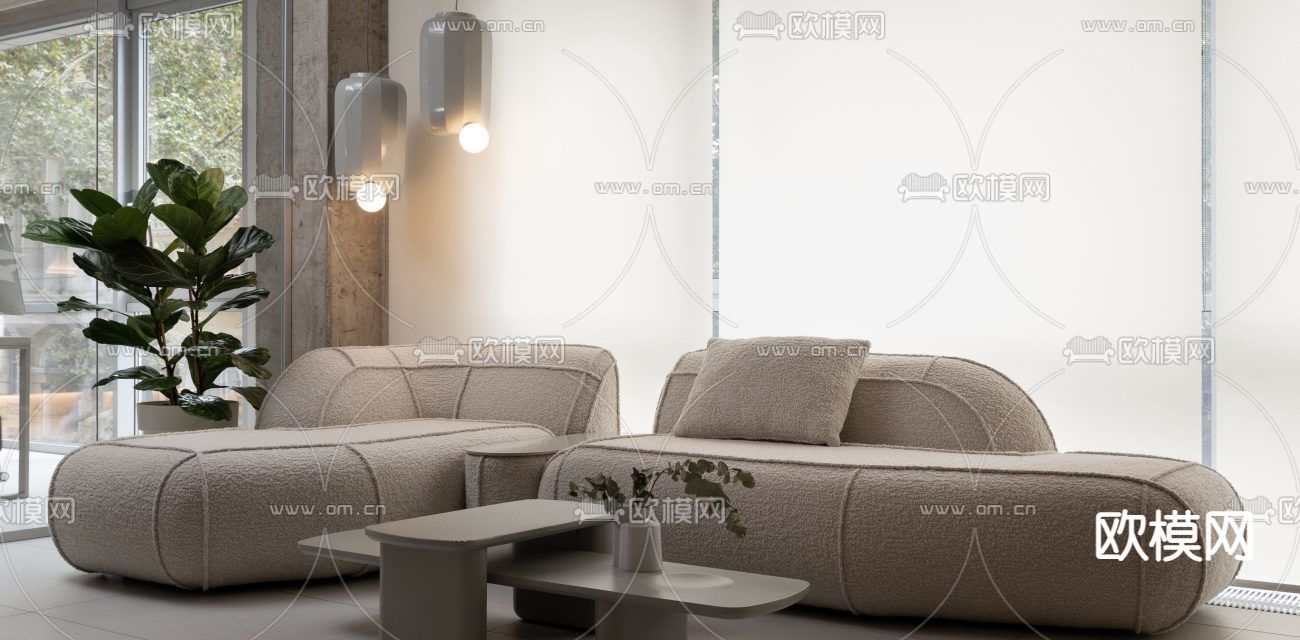 奶油风组合沙发免费3d模型下载（渲染图2）