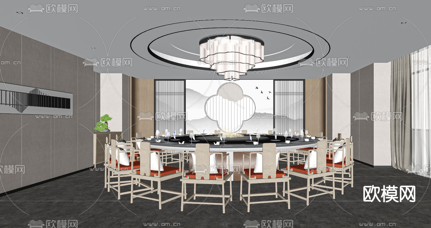 新中式餐厅包房su模型下载（渲染图2）