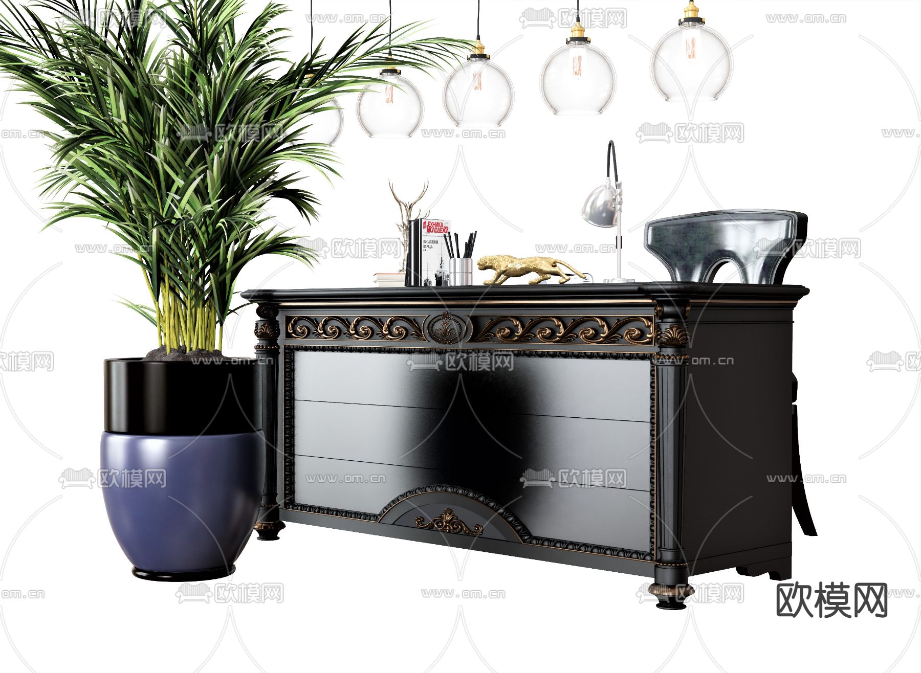 欧式办公桌椅 班台桌椅su模型下载（渲染图1）