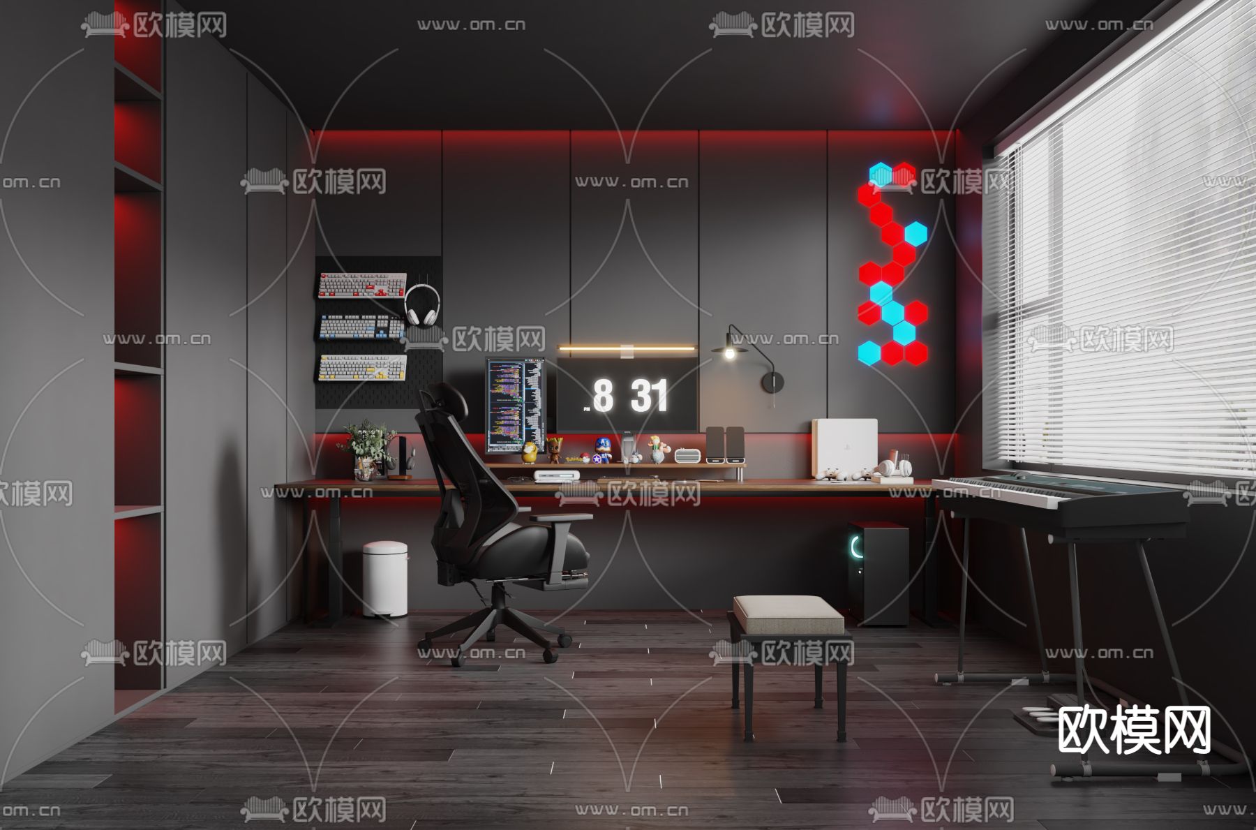 暗黑风书房 电竞房 电玩房 游戏室3d模型下载