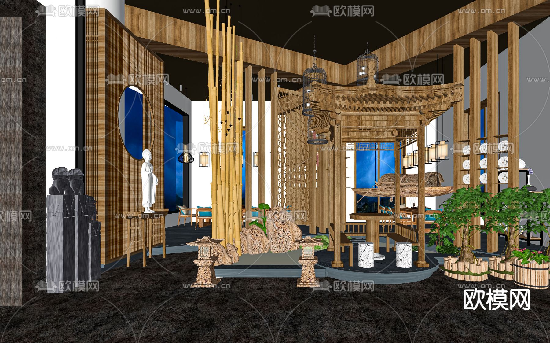 新中式茶馆 茶楼su模型下载（渲染图2）