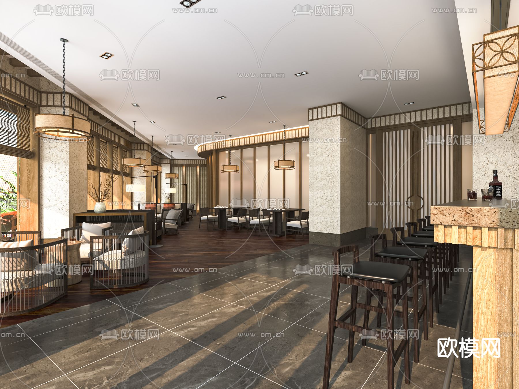 新中式茶馆 茶楼su模型下载（渲染图1）