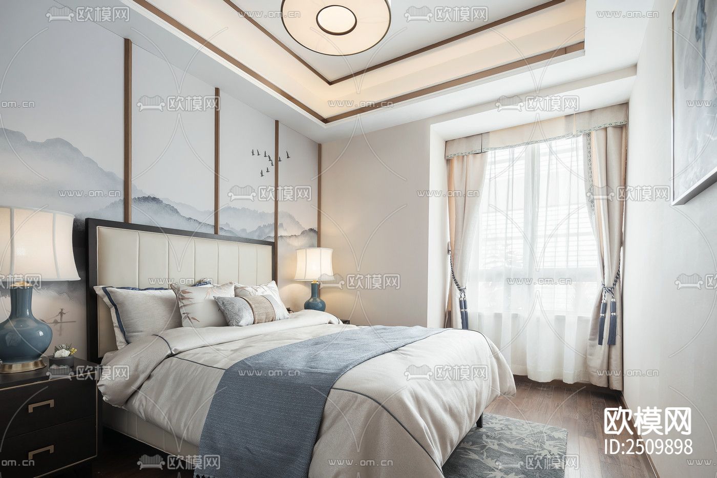 新中式大平层CAD施工图下载（渲染图4）