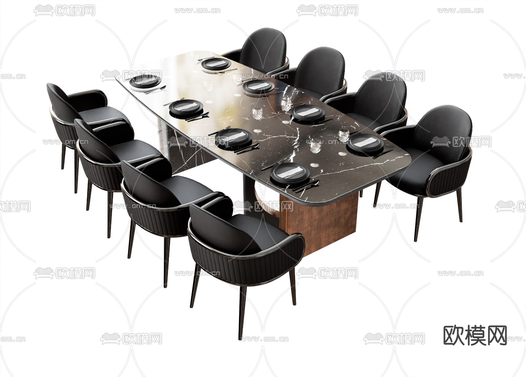 暗黑风大理石餐桌椅su模型下载（渲染图1）