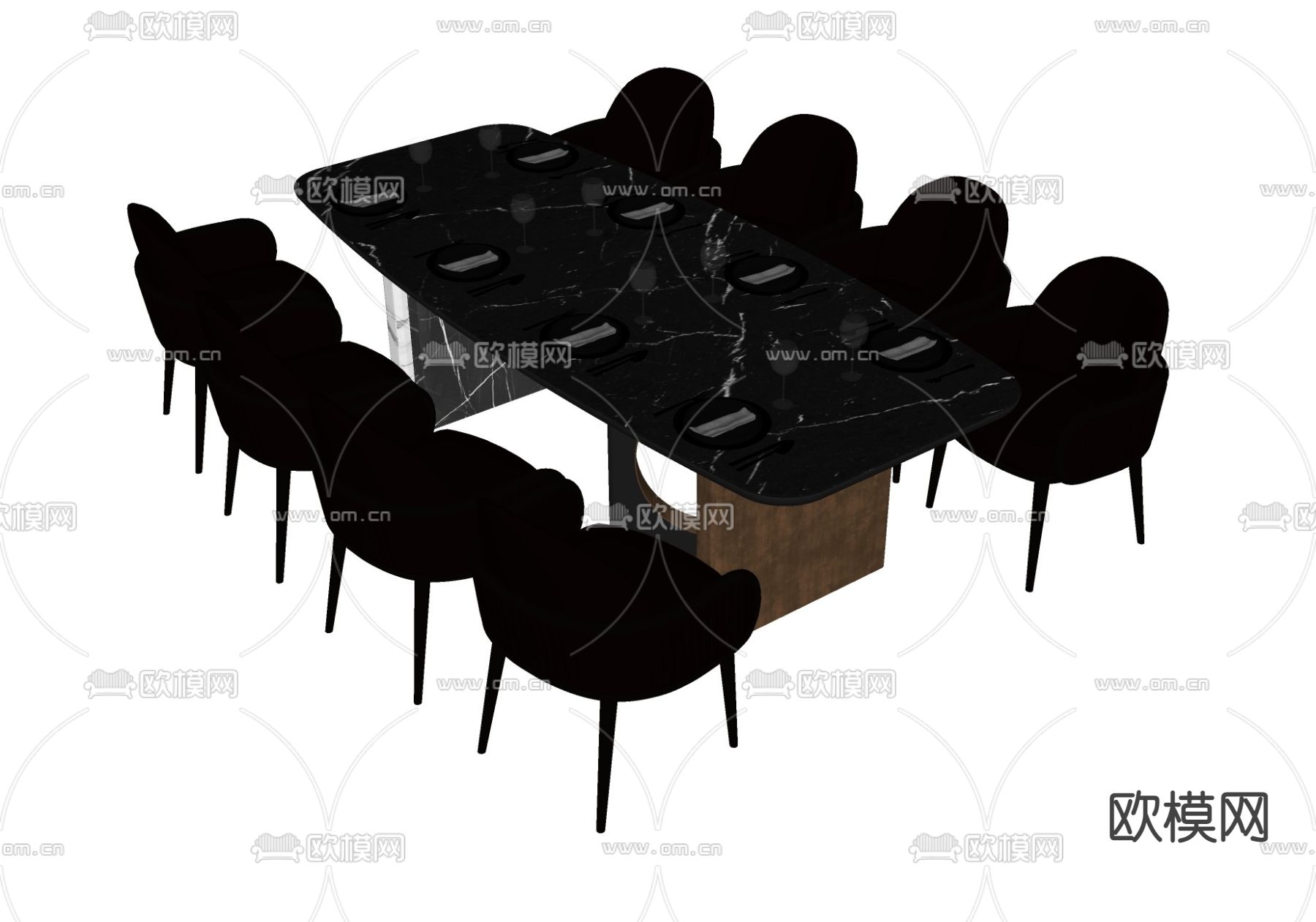 暗黑风大理石餐桌椅su模型下载（渲染图2）