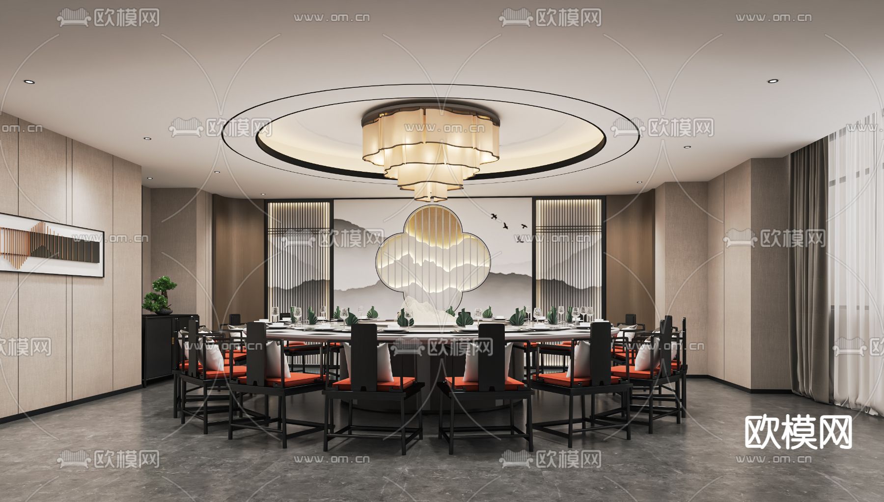 新中式餐厅包房su模型下载（渲染图1）