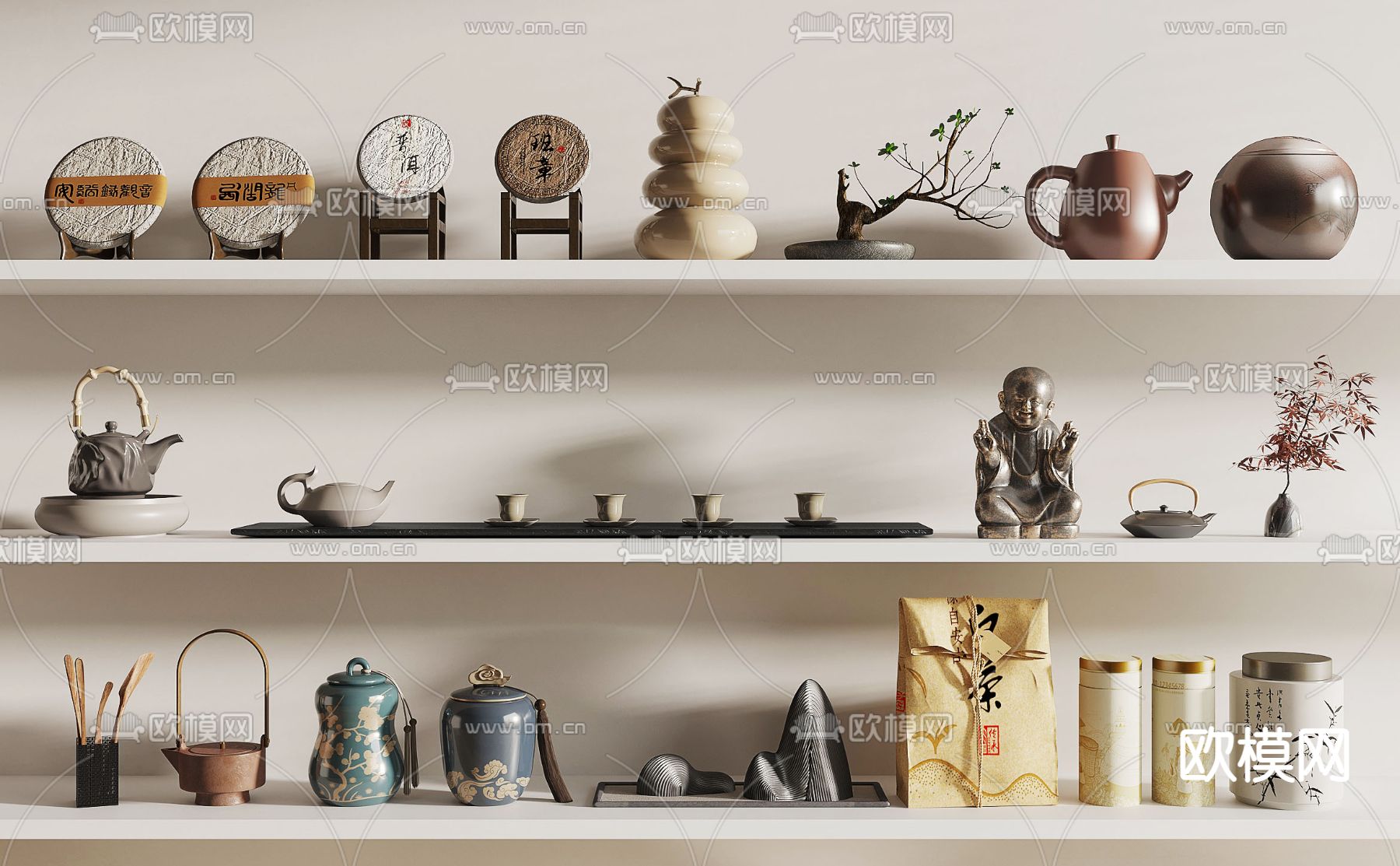 新中式茶具 茶饼 茶壶su模型下载（渲染图1）