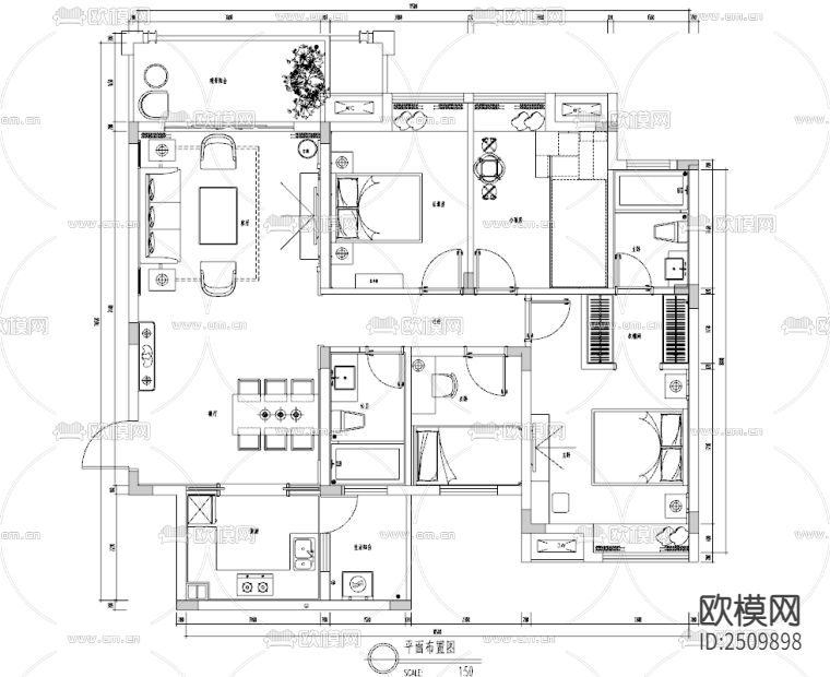 新中式大平层CAD施工图下载（渲染图1）