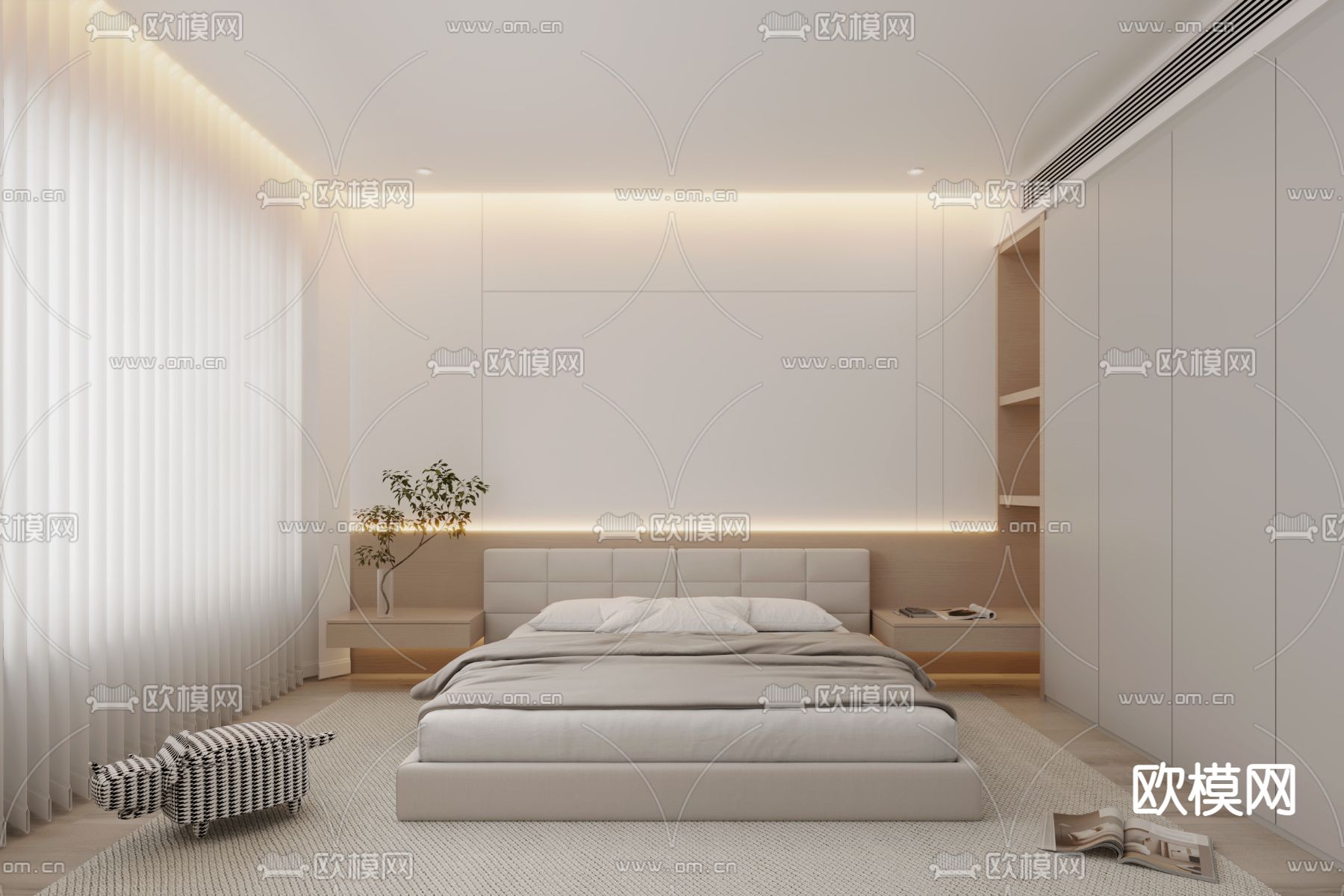 奶油风卧室 次卧3d模型下载