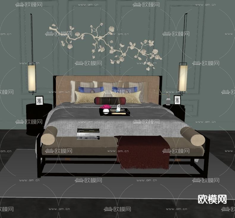 现代双人床su模型下载（渲染图2）