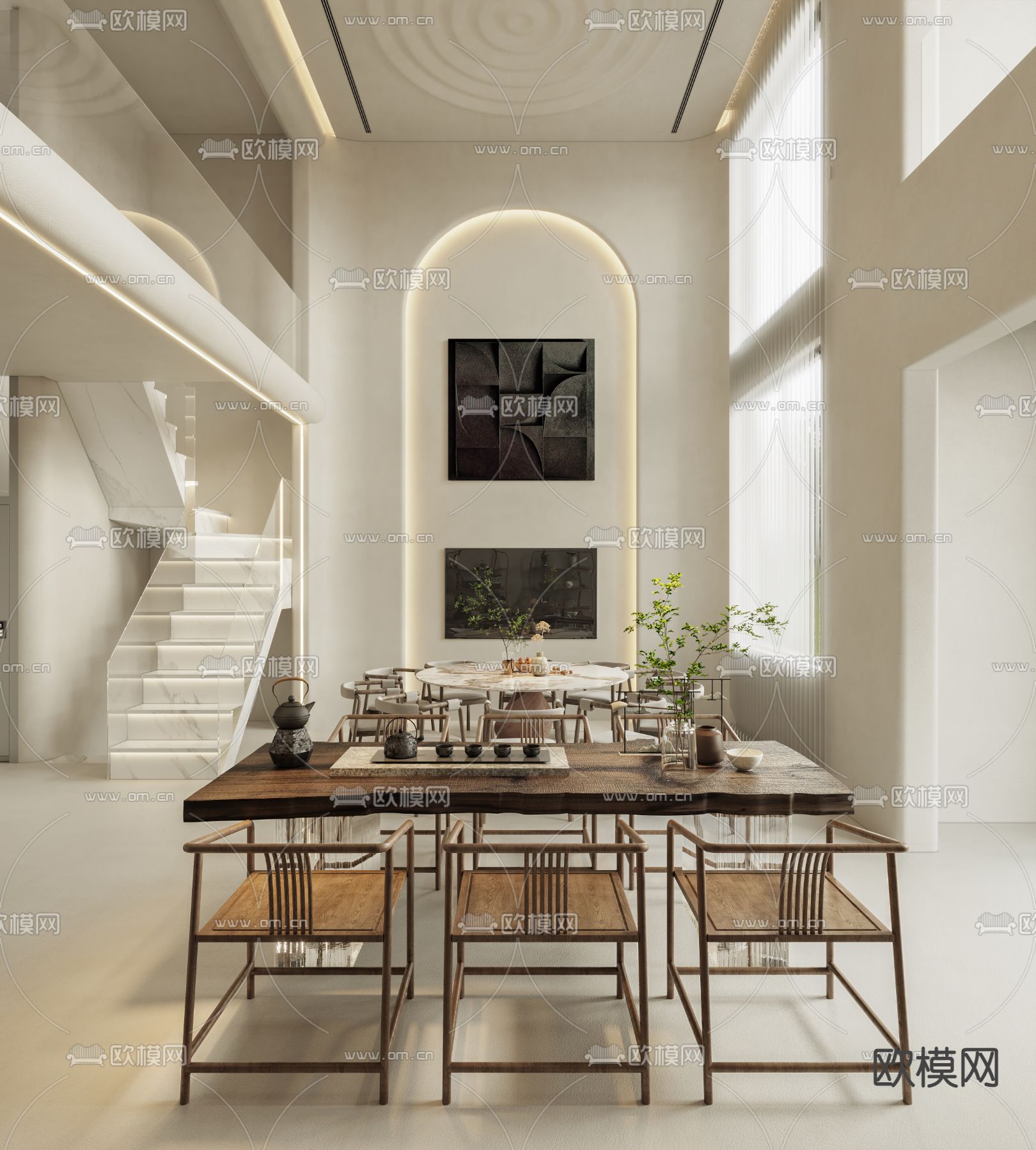 侘寂风别墅客厅 别墅大堂3d模型下载（渲染图3）