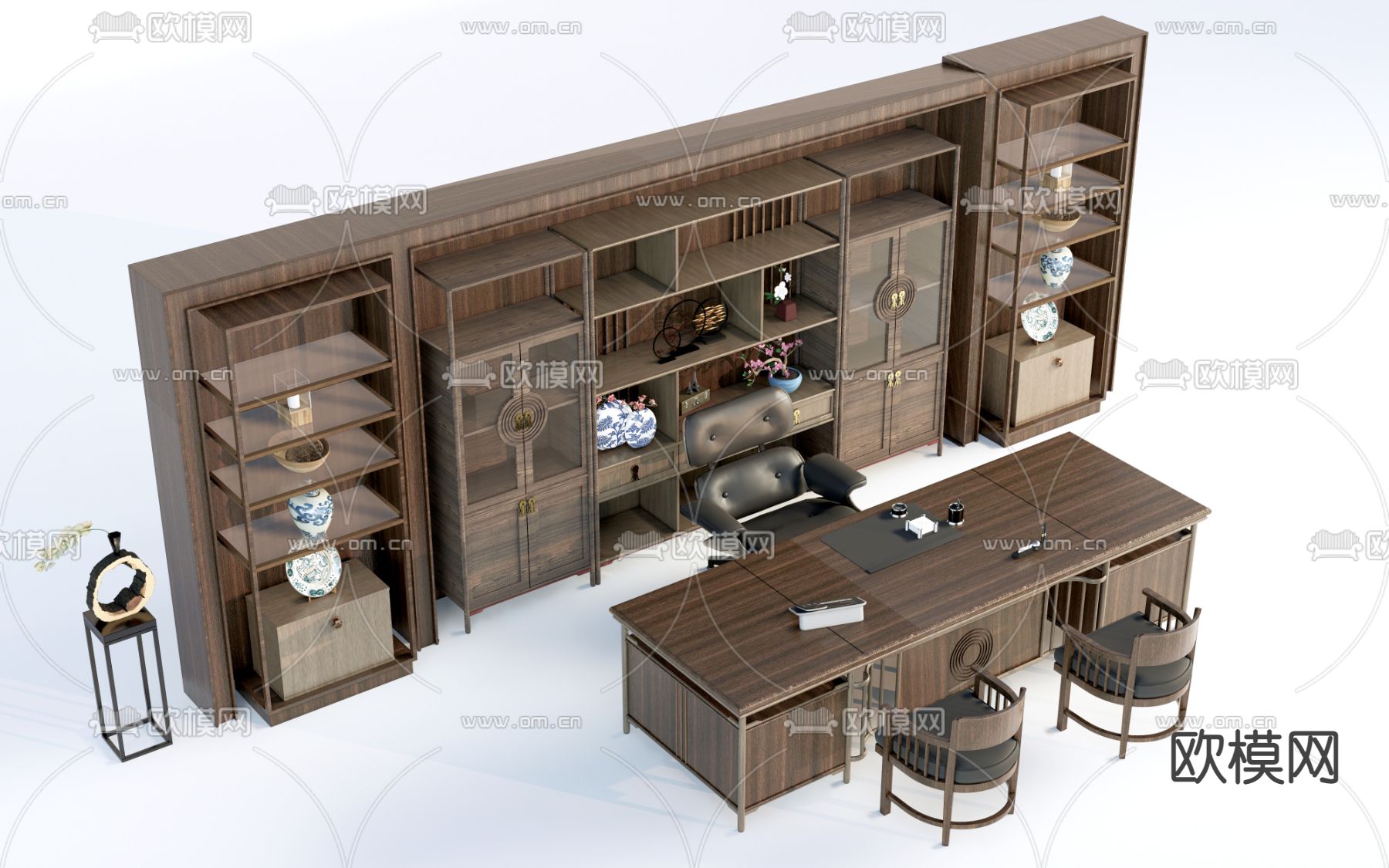 新中式实木班台桌椅su模型下载（渲染图1）