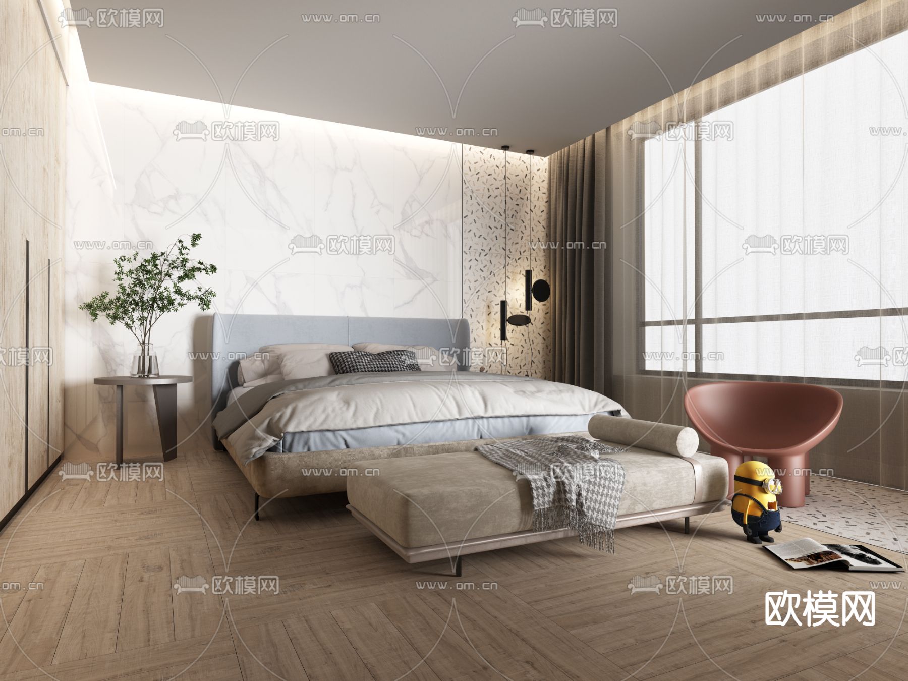 现代卧室 主卧免费3d模型下载_ID13004344_3dmax免费模型-欧模网