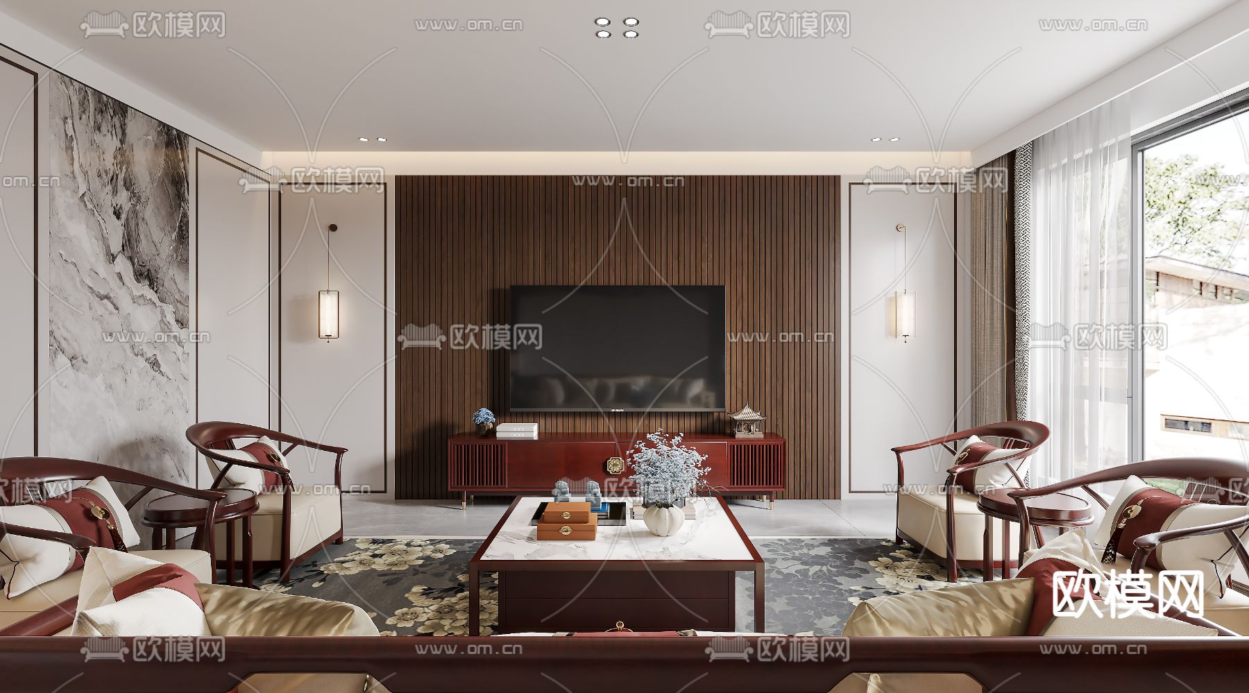 新中式客餐厅免费3d模型下载（渲染图3）