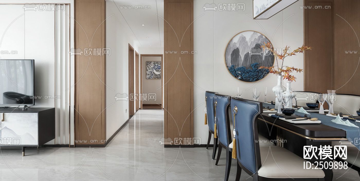 新中式大平层CAD施工图下载（渲染图2）