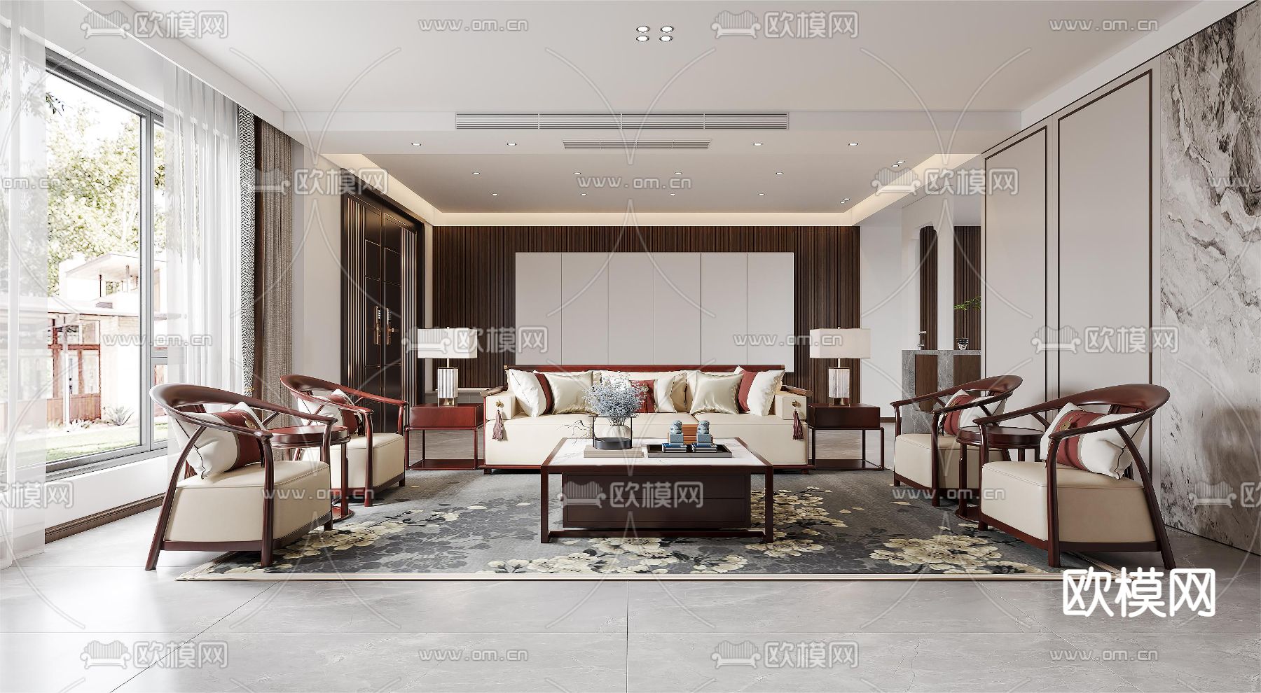 新中式客餐厅免费3d模型下载（渲染图1）