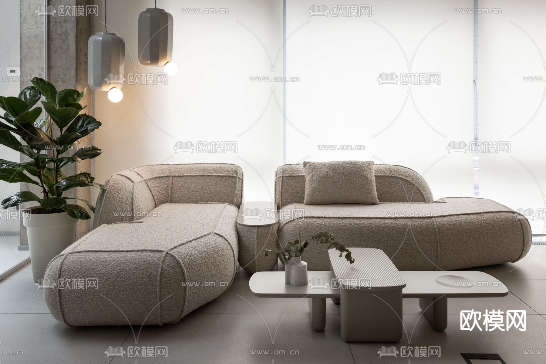 奶油风组合沙发免费3d模型下载（渲染图1）