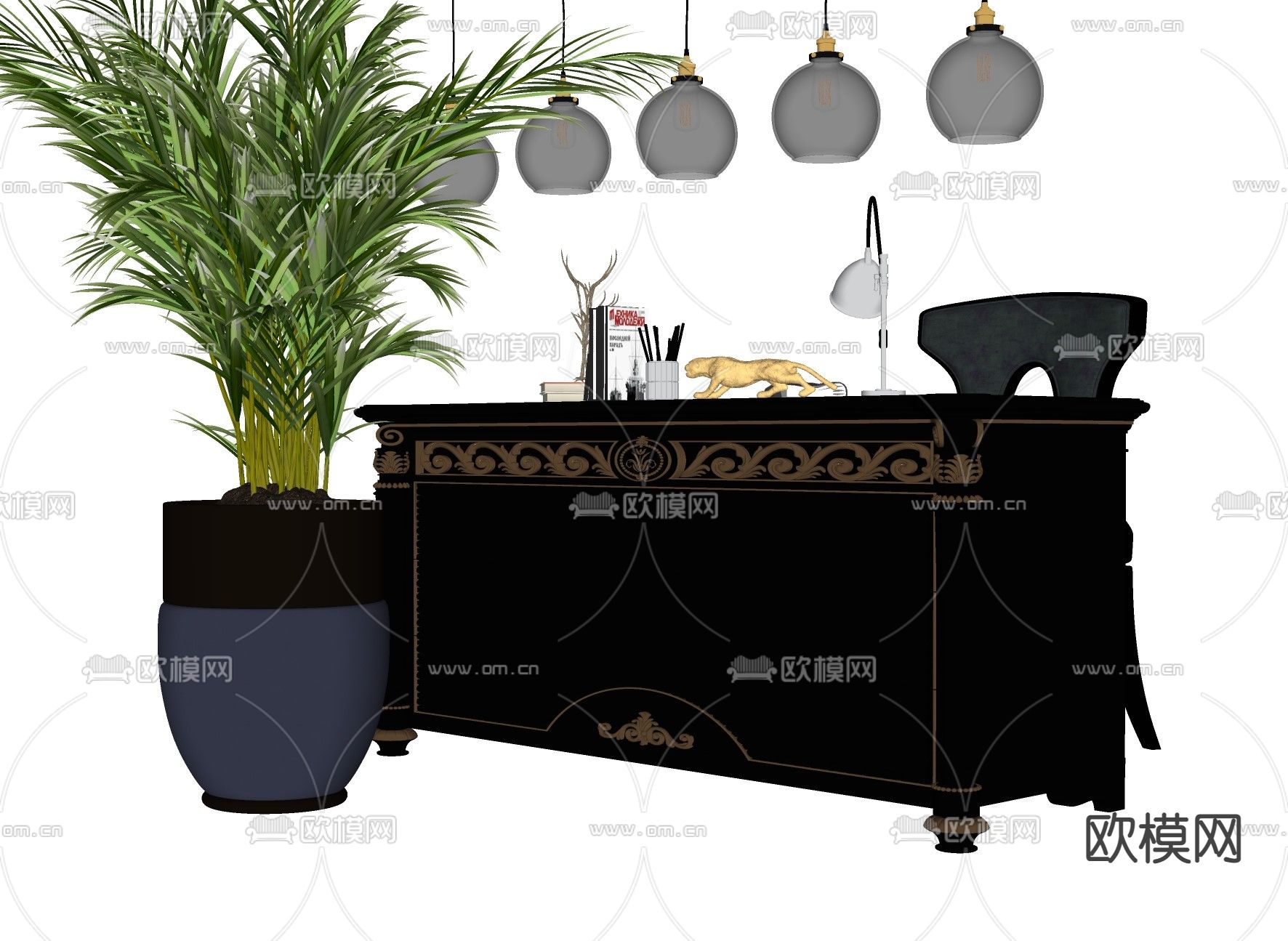 欧式办公桌椅 班台桌椅su模型下载（渲染图2）