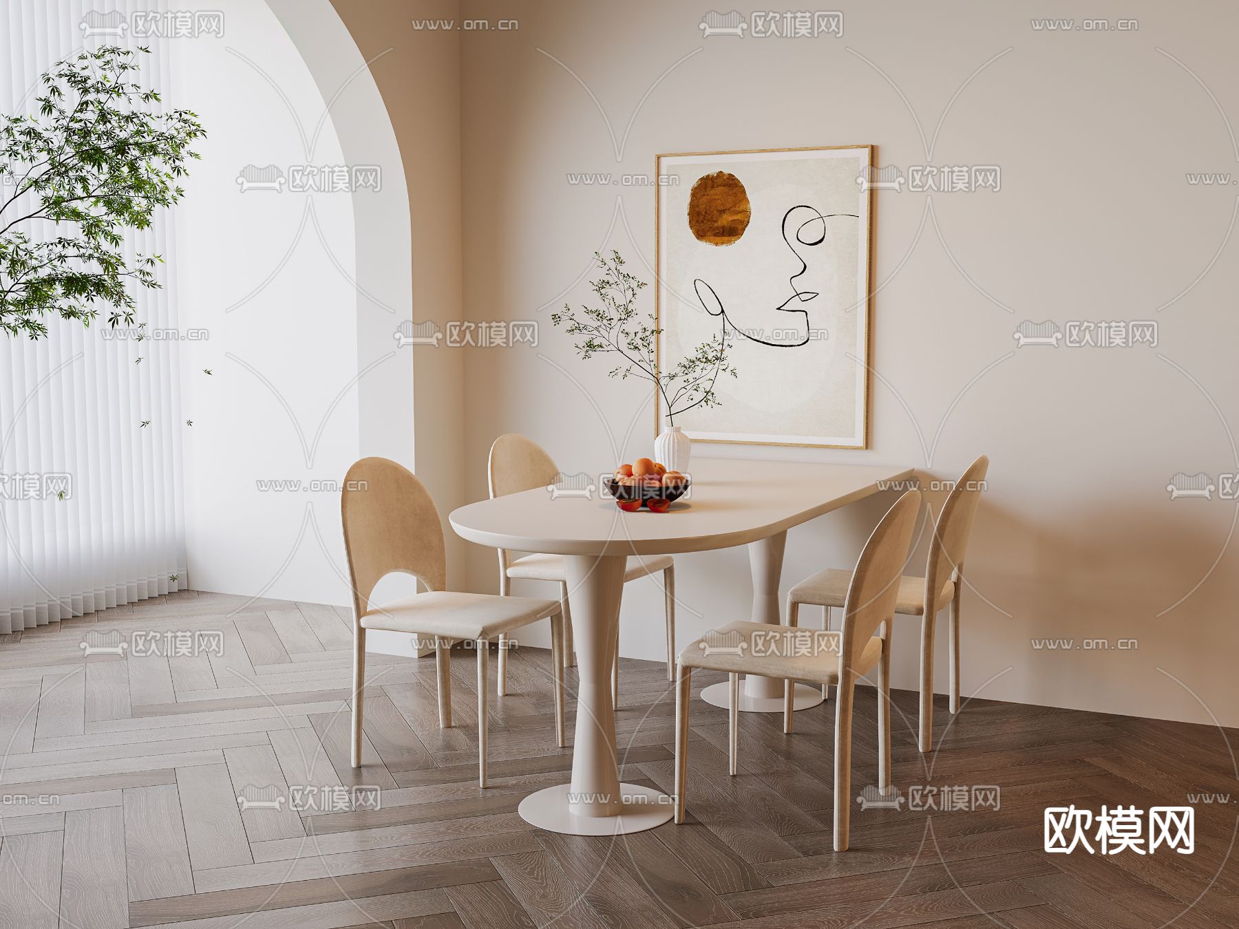 奶油风餐桌椅su模型下载（渲染图1）