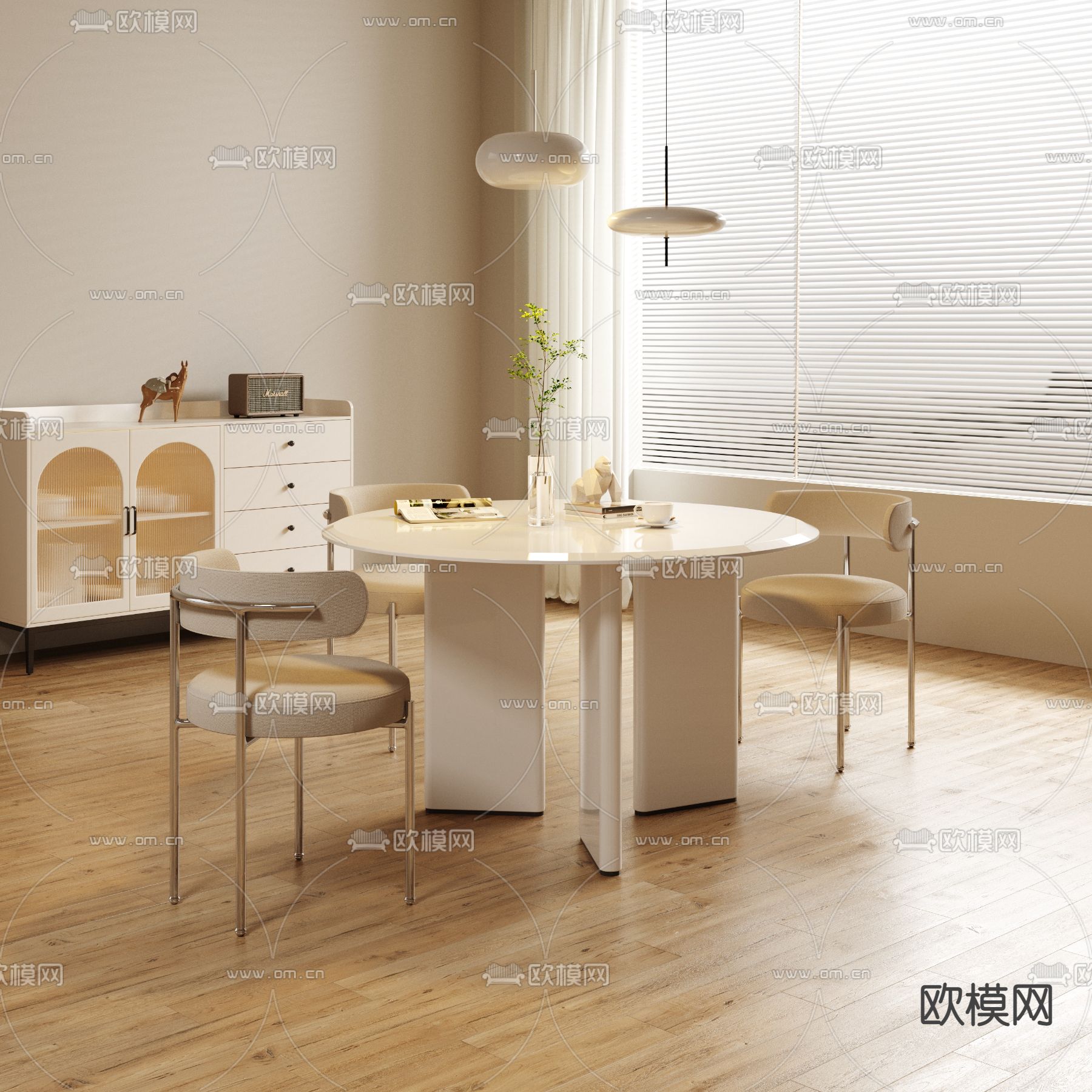 奶油风餐桌椅su模型下载（渲染图1）