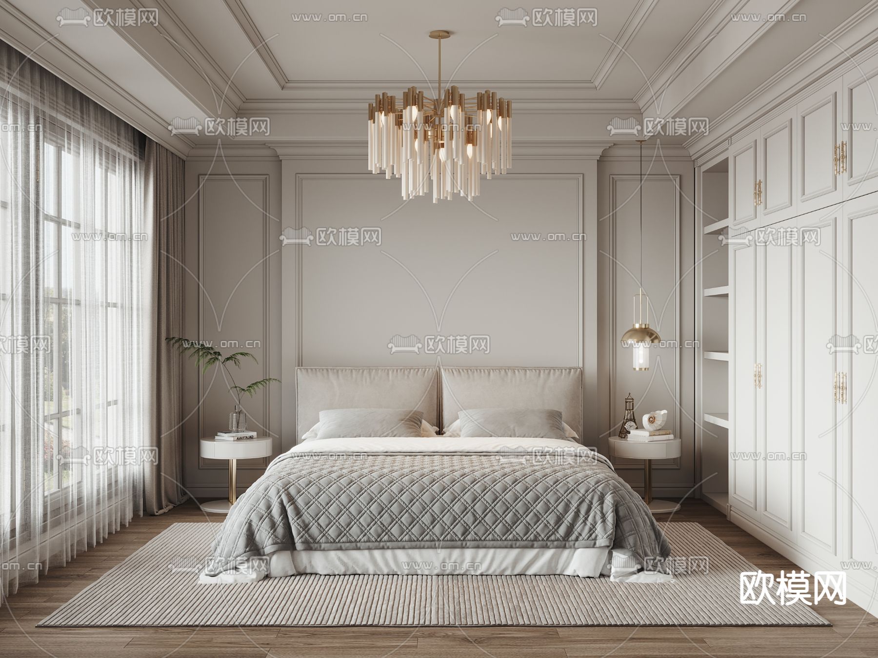 简美卧室 主人房3d模型下载（渲染图1）