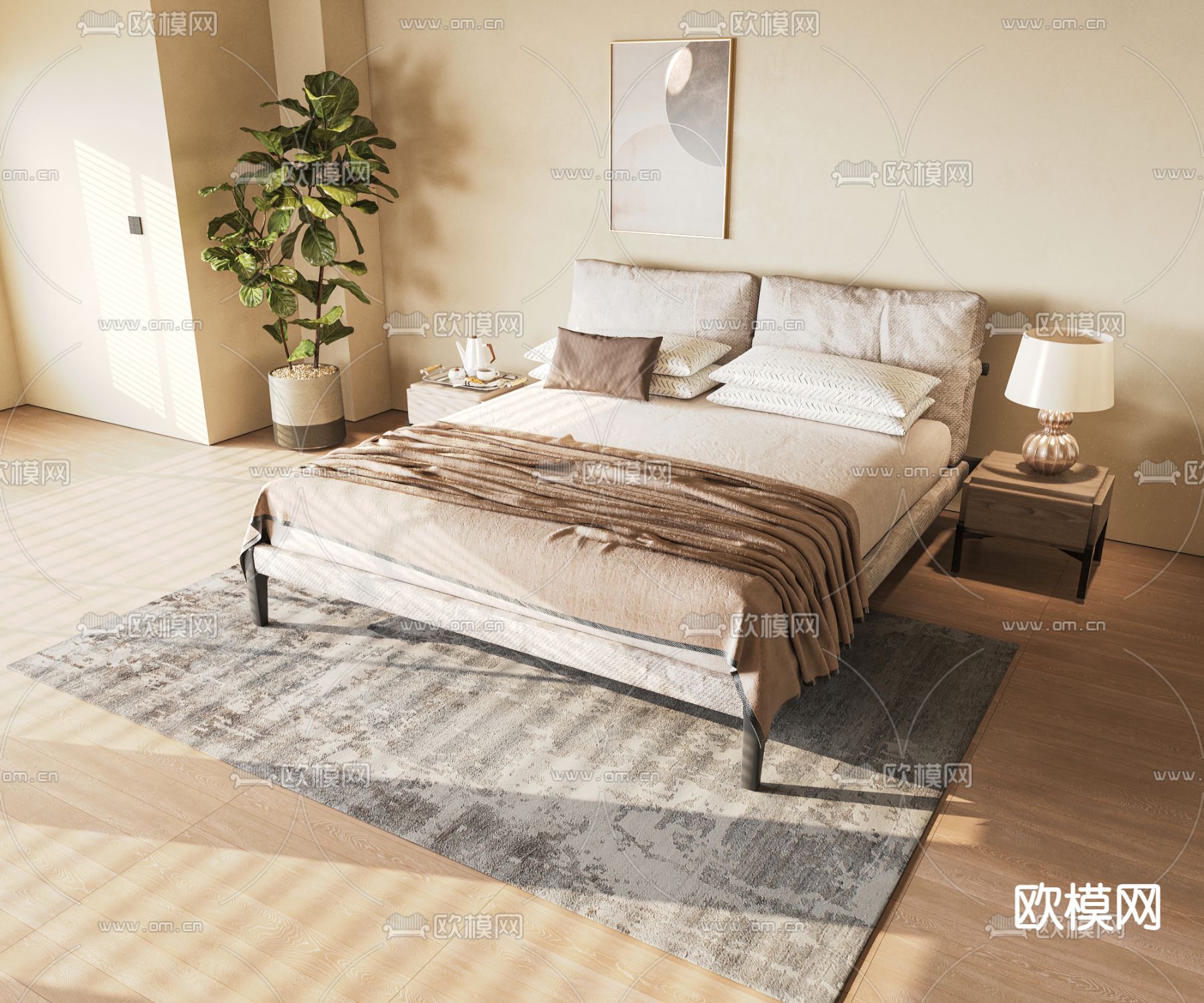 现代双人床su模型下载（渲染图1）