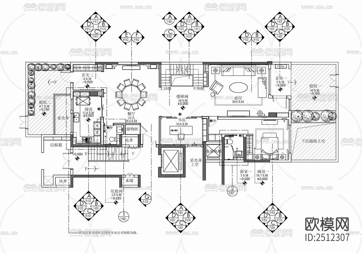 700㎡三层别墅室内cad施工图下载（渲染图1）