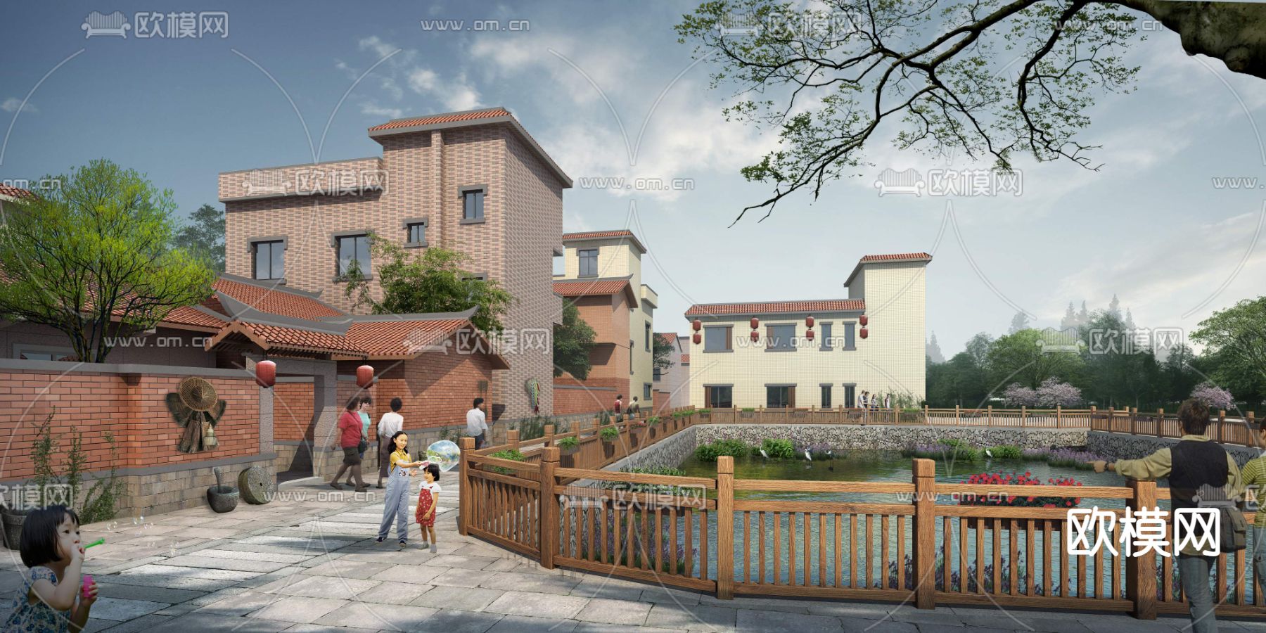 美丽乡村池塘 民宅psd下载