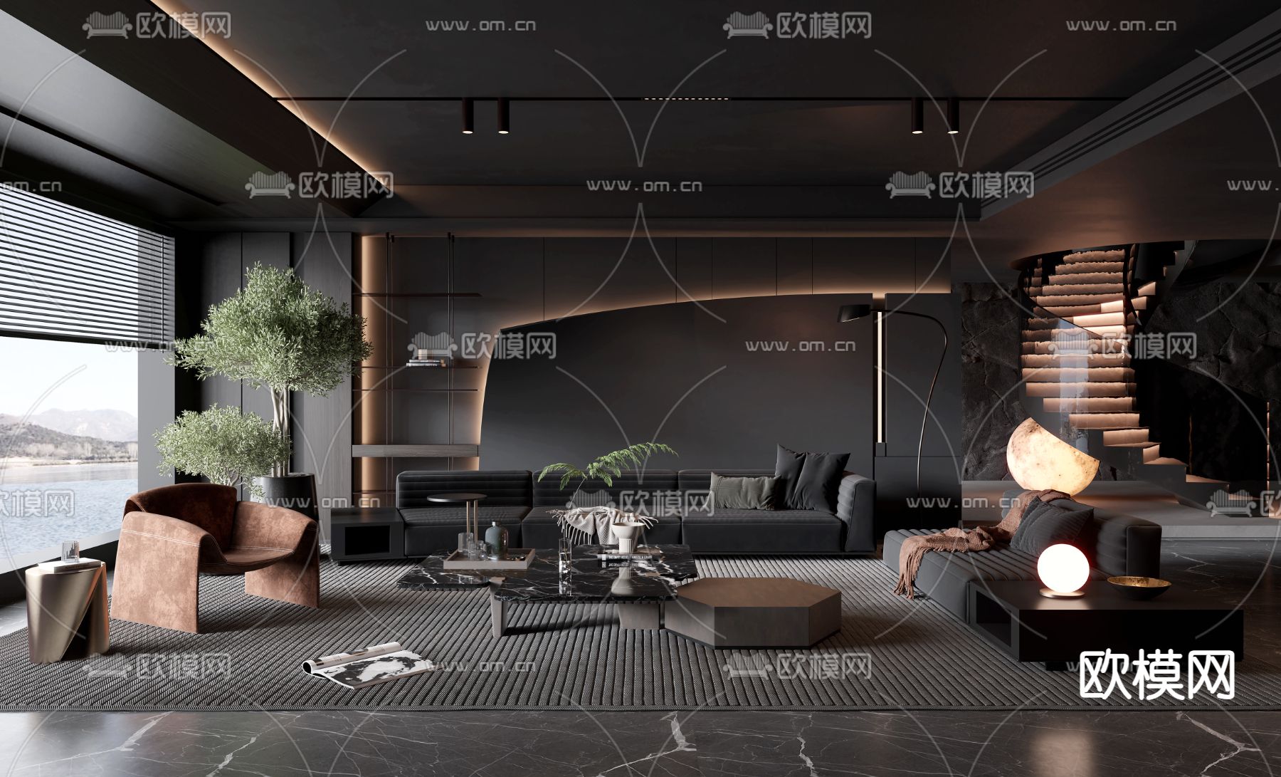 暗黑风客厅su模型下载（渲染图1）
