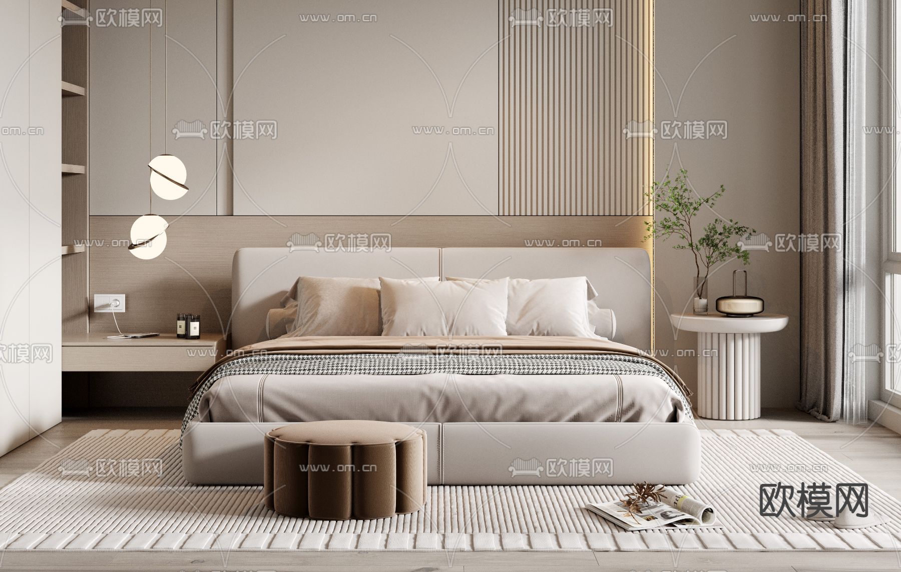 奶油风卧室 主人房3d模型下载（渲染图2）