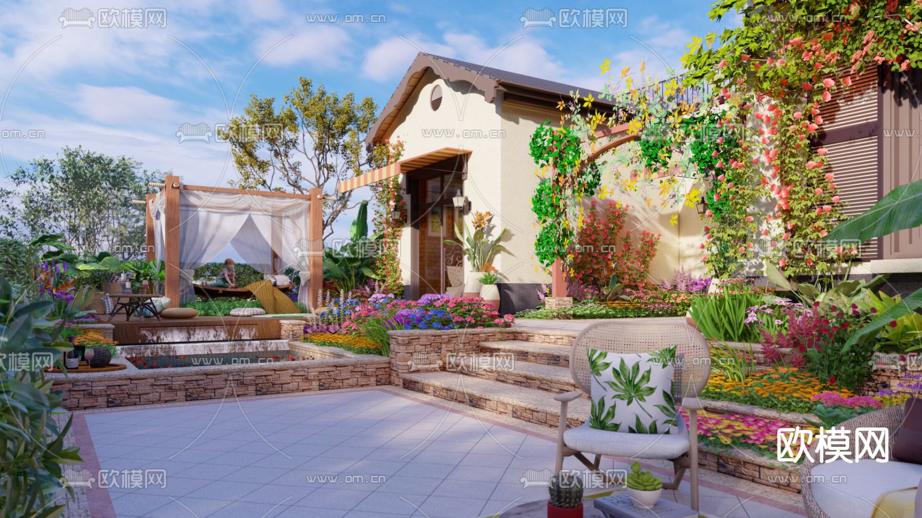 欧式庭院花园su模型下载（渲染图1）