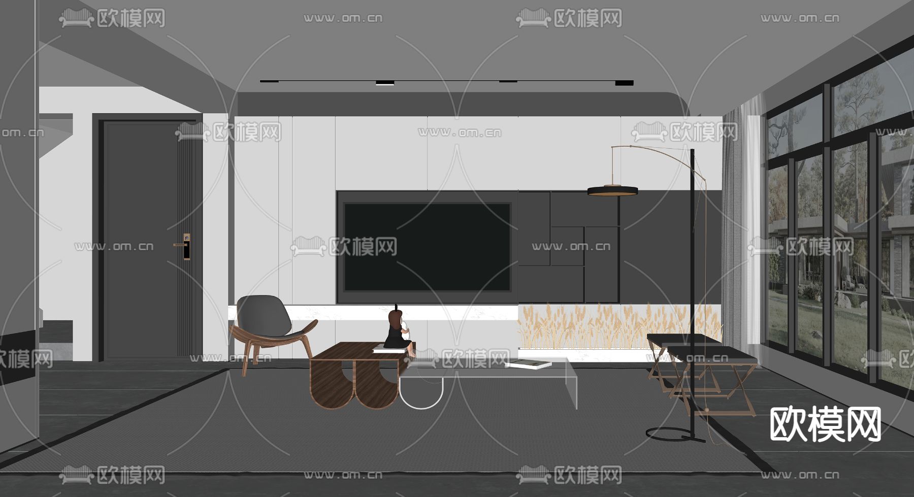 现代电视背景墙su模型下载（渲染图2）