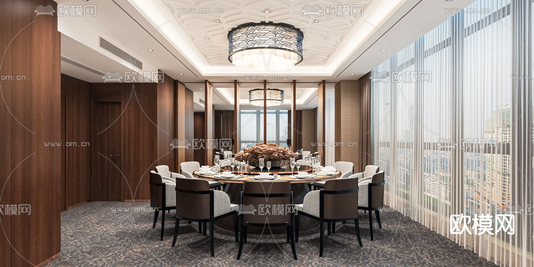 新中式餐厅包房su模型下载（渲染图1）