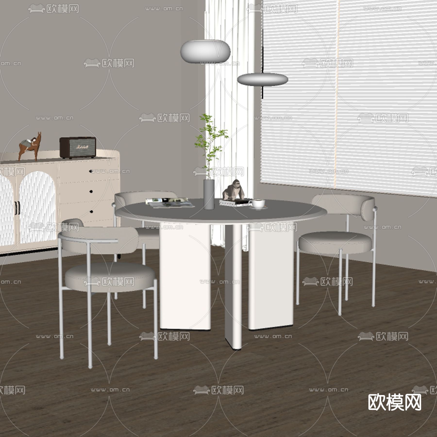 奶油风餐桌椅su模型下载（渲染图2）