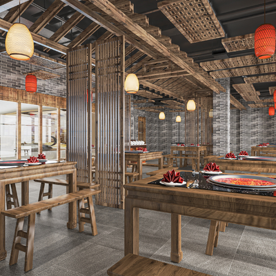  新中式火锅店su模型 