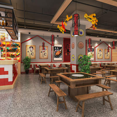  新中式火锅店su模型 