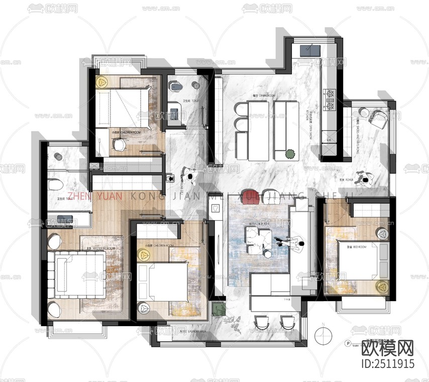 现代143平户型设计cad施工图-免费3dmax模型库-欧模网
