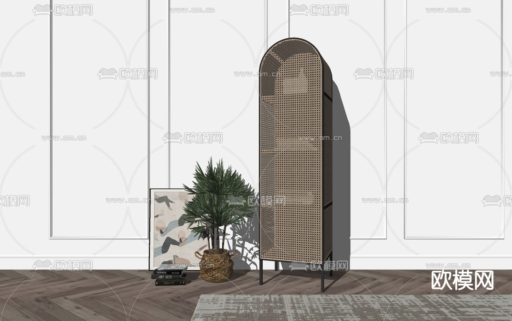 侘寂风藤编书柜su模型下载（渲染图2）