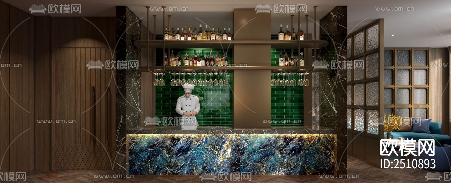 新中式餐饮空间CAD施工图下载（渲染图5）