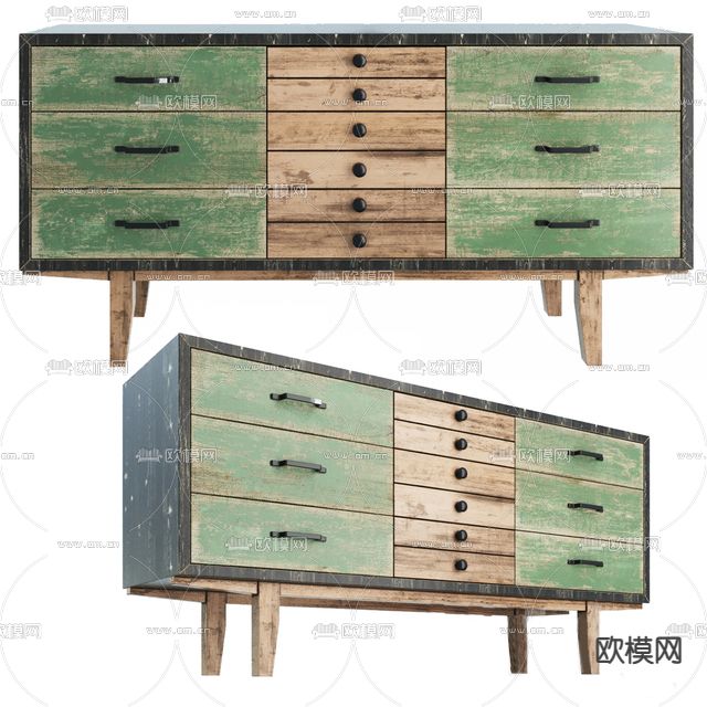 北欧复古做旧实木边柜免费3d模型下载