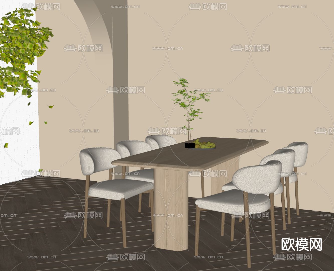 奶油风餐桌椅su模型下载（渲染图2）