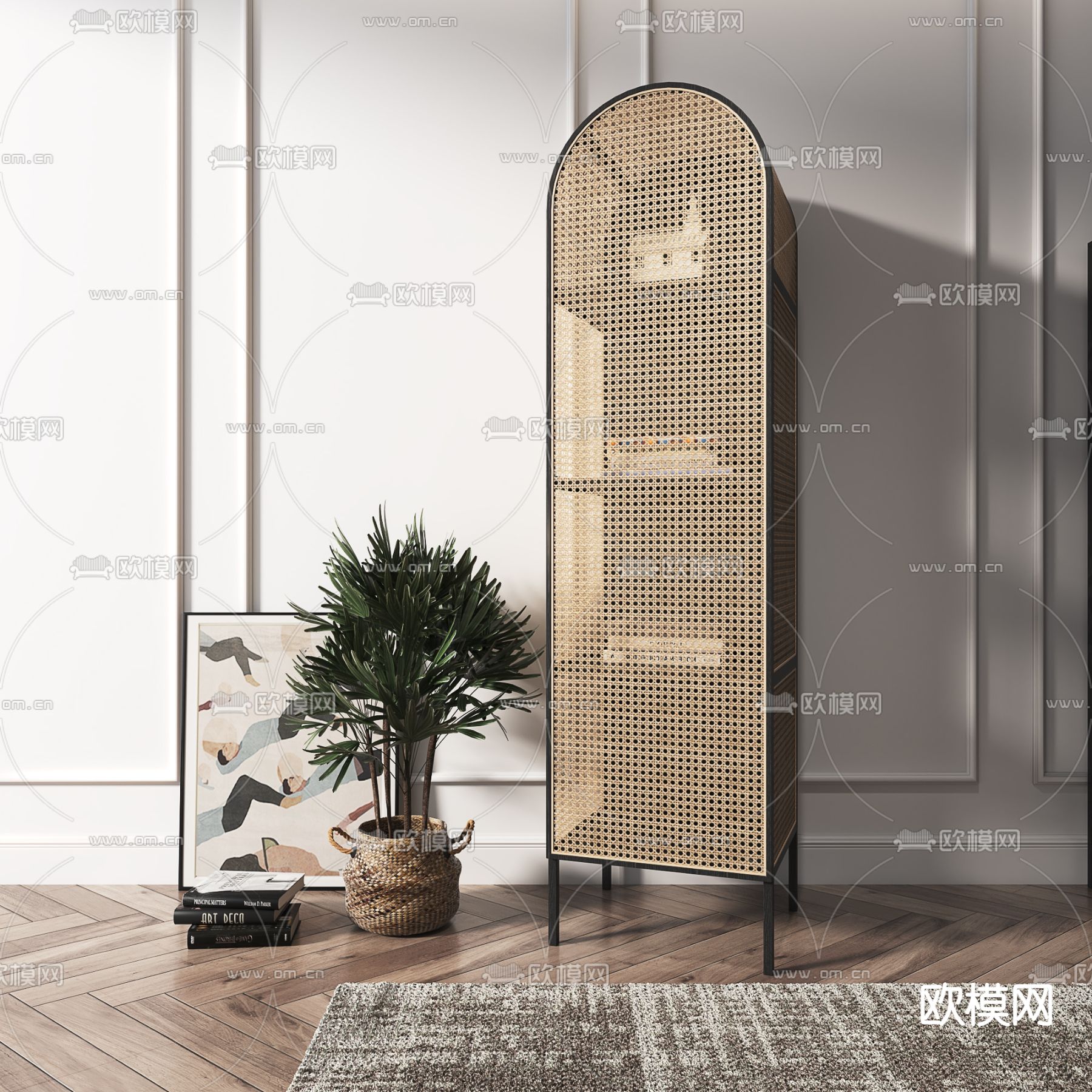 侘寂风藤编书柜su模型下载（渲染图1）