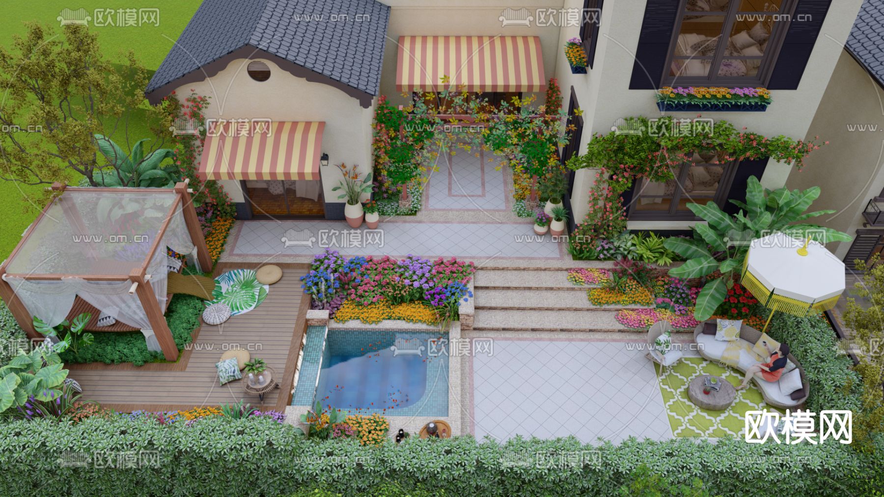 欧式庭院花园su模型下载（渲染图2）