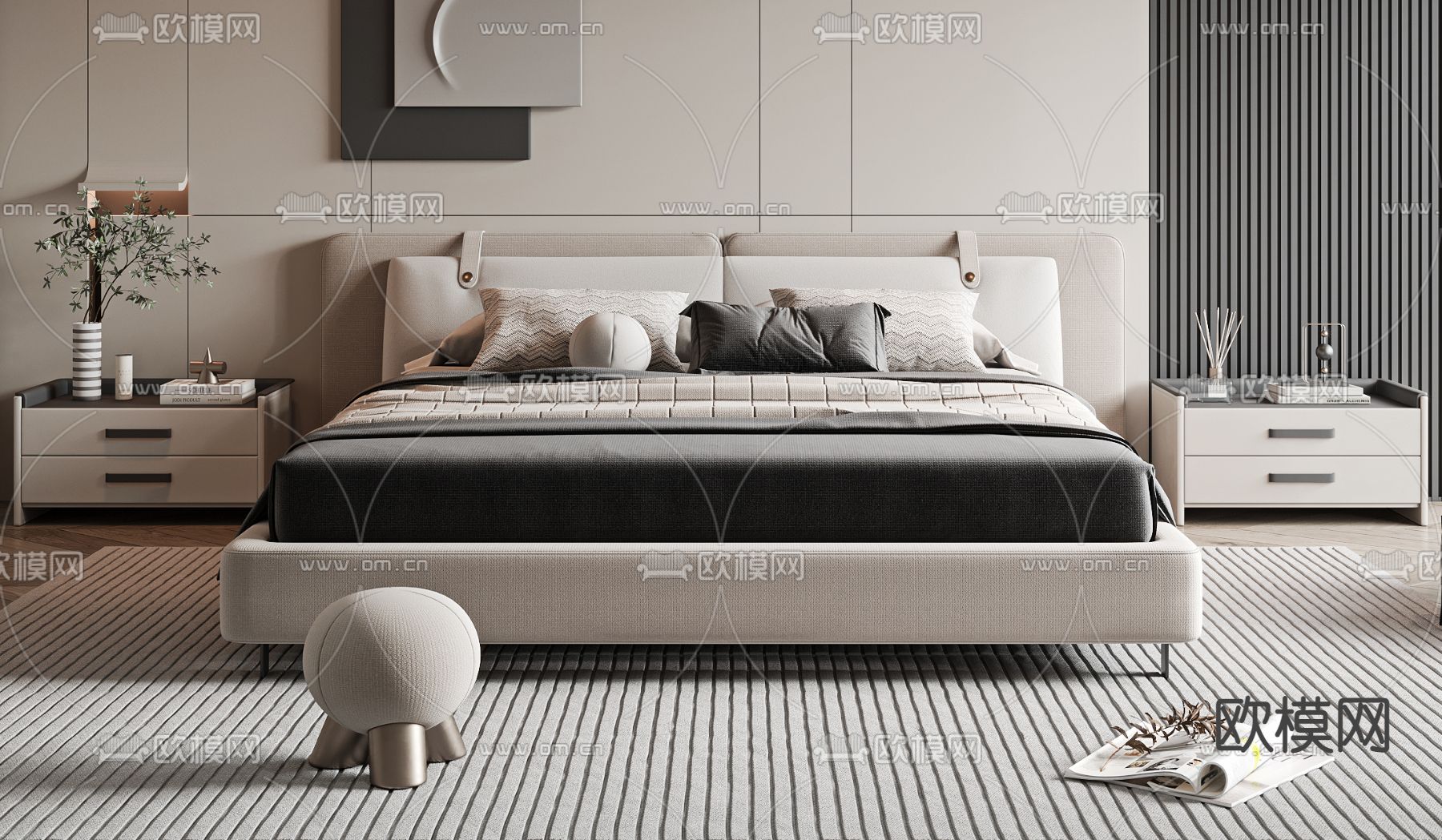 现代双人床su模型下载（渲染图1）