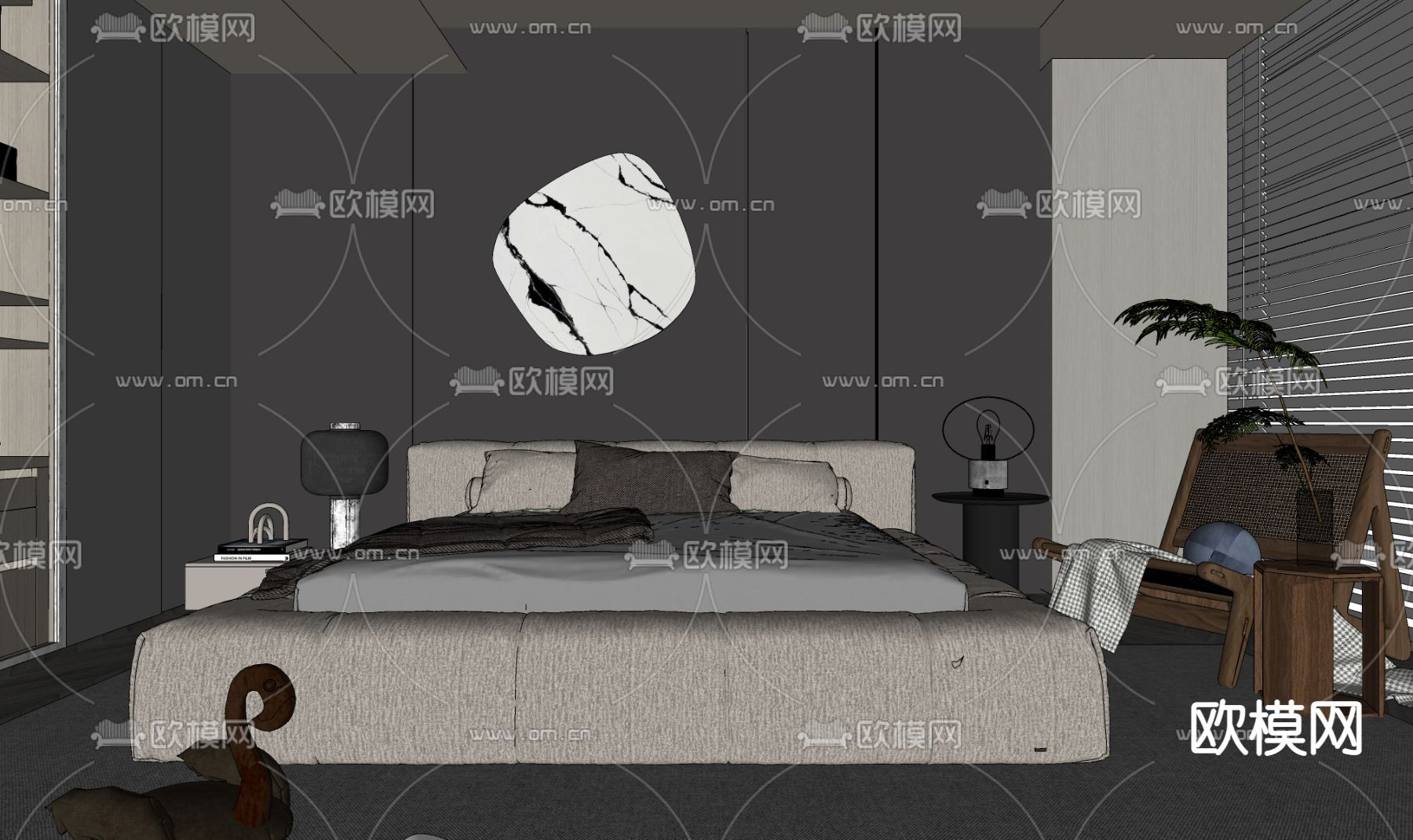 高级灰卧室su模型下载（渲染图2）