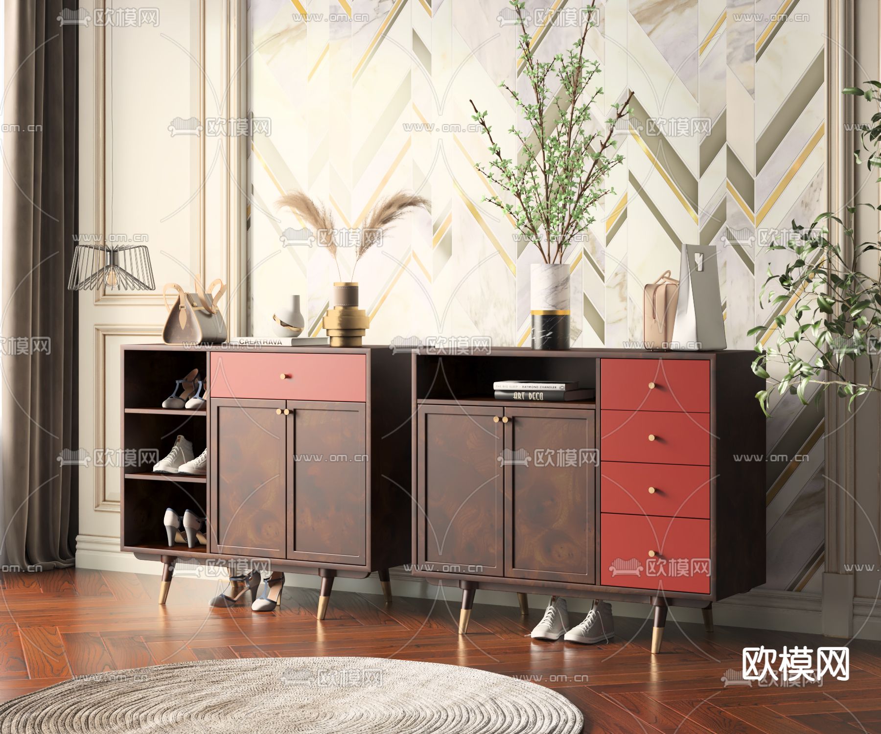 实木鞋柜3d模型下载