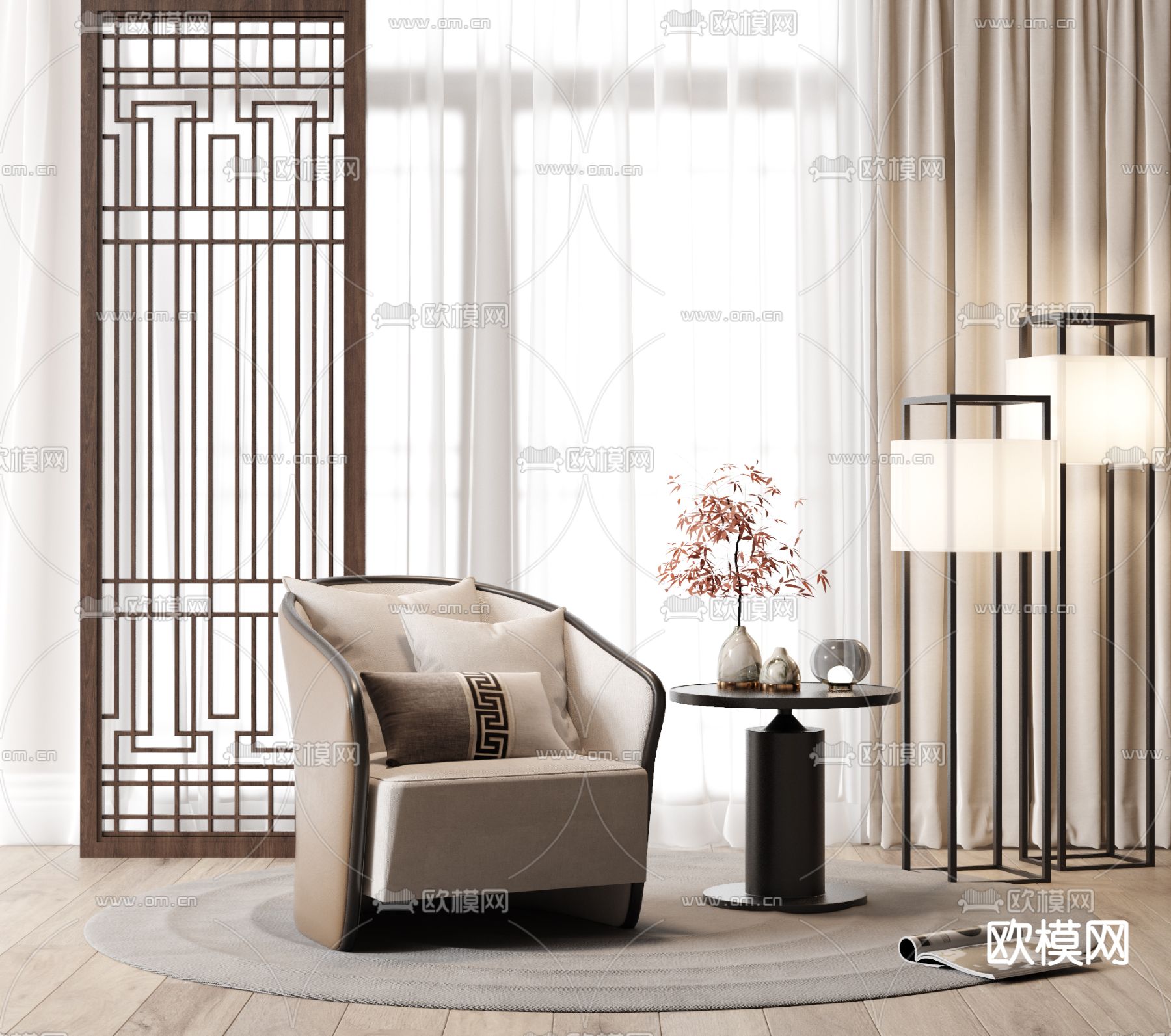 新中式沙发 单人沙发3d模型下载_ID13020407_3dmax免费模型-欧模网