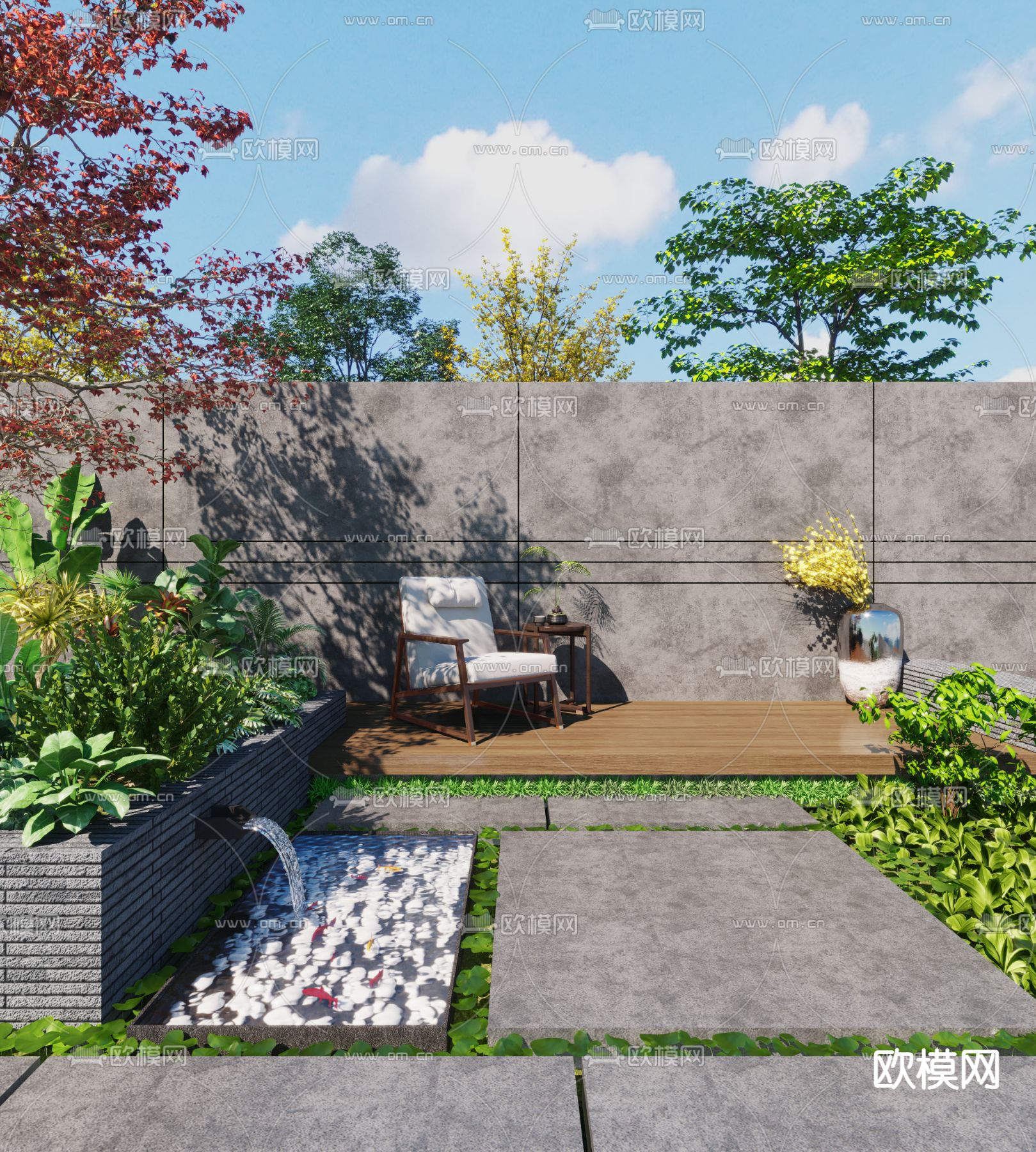 新中式庭院花园3d模型下载_ID12313908_3dmax免费模型-欧模网