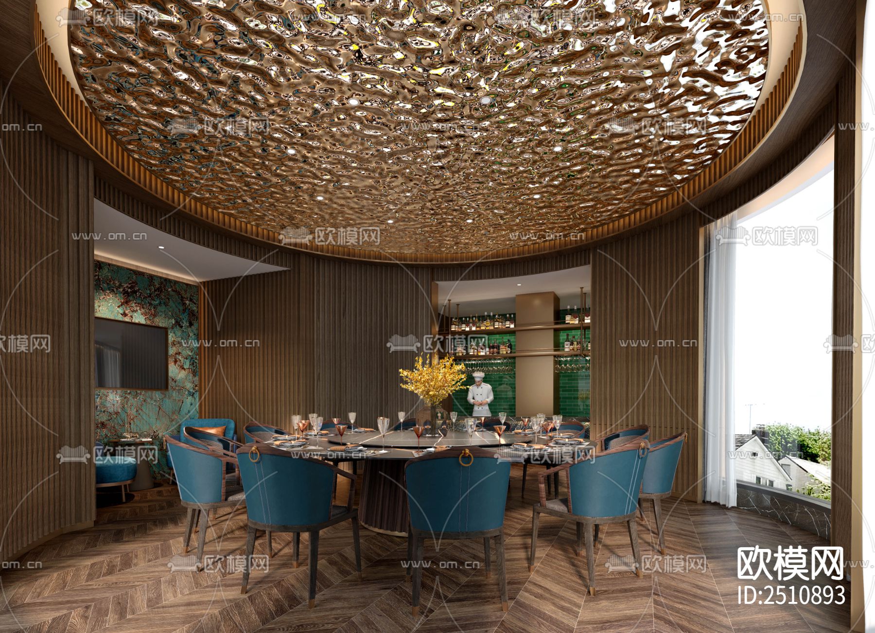 新中式餐饮空间CAD施工图下载（渲染图4）